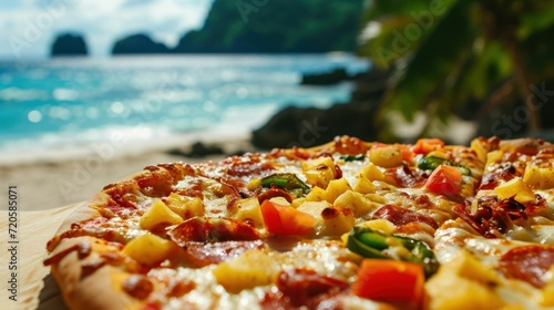 Hawaiian pizza against a tropical beach background
