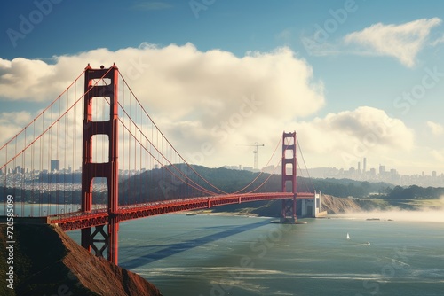 A stunning view of the world-famous Golden Gate Bridge, stretching across the water in San Francisco, California, View of the Golden Gate Bridge over San Francisco Bay, AI Generated