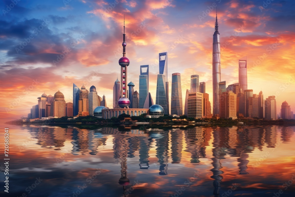 An urban landscape featuring towering buildings that create a striking cityscape, View of the modern skyscrapers of the Shanghai skyline at sunset, China, AI Generated An urban landscape featuring towering buildings that create a striking cityscape, View of the modern skyscrapers of the Shanghai skyline at sunset, China, AI Generated