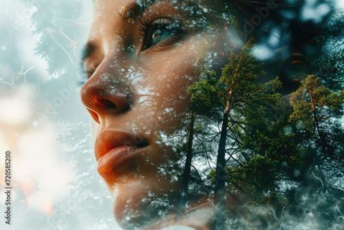 female form blends into the forest landscape. Double exposure. Concept of mental health and respect and respect for nature