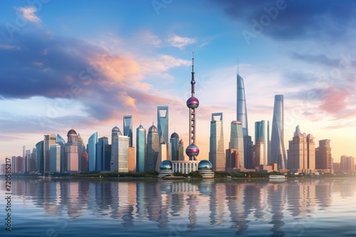 An impressive cityscape showcasing the bustling energy of a modern metropolis filled with towering buildings, View of the modern skyscrapers of the Shanghai skyline at sunset, China, AI Generated