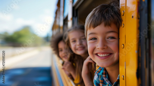 Children with smiles peek out of the school bus, ready for new educational adventures