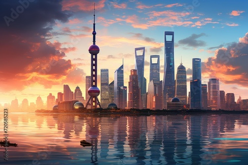 A sprawling urban landscape filled with towering skyscrapers and high-rise structures, View of the modern skyscrapers of the Shanghai skyline at sunset, China, AI Generated