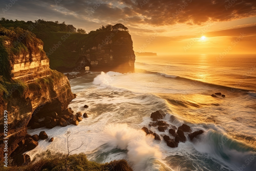 Sunset at Tanah Lot temple in Bali island, Indonesia, Seascape, ocean at sunset, Ocean coast with waves near Uluwatu temple at sunset, Bali, Indonesia, AI Generated Sunset at Tanah Lot temple in Bali island, Indonesia, Seascape, ocean at sunset, Ocean coast with waves near Uluwatu temple at sunset, Bali, Indonesia, AI Generated