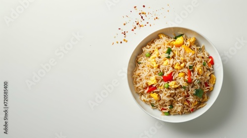 Overhead shot of Egg Fried Rice on a minimalist white background