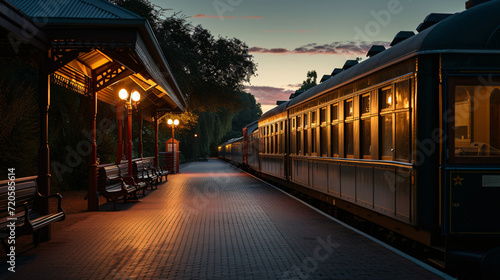 A historic train parked at an old railway station at twilight.