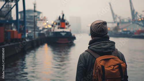 Man Looking at Port with Boats. © vlntn