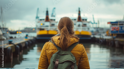 Woman Watching at Ships in Harbor.