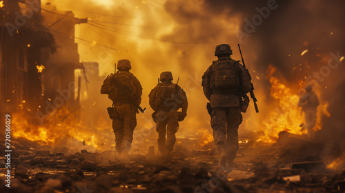 Military special forces soldiers are depicted crossing through a destroyed warzone amid fire and smoke photo