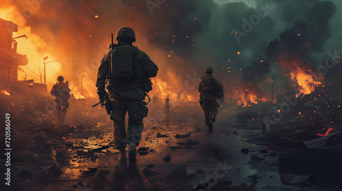 Military special forces soldiers are depicted crossing through a destroyed warzone amid fire and smoke