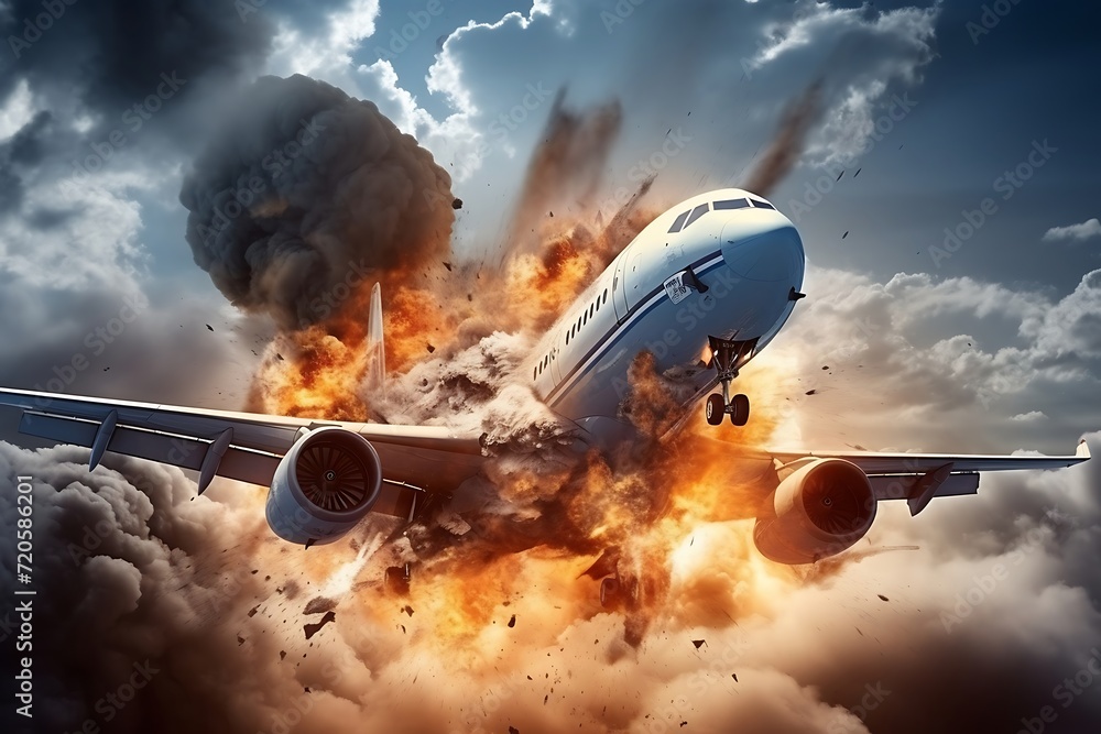 Airplane crash in the sky. 3d rendering