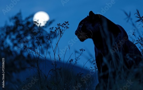 black panther regal silhouette against the moonlit night sky photo