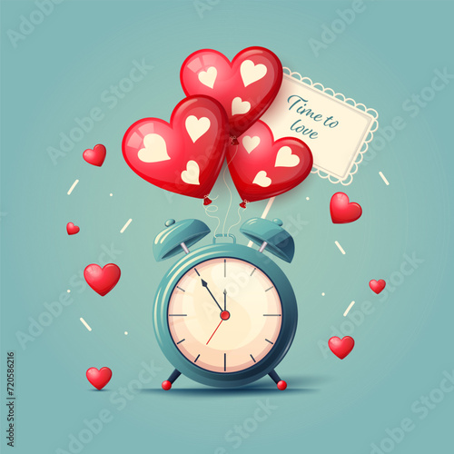 Alarm clock with a balloons hearts. Valentine's day card. Concept for a wedding or Valentine's Day celebration. Vector cartoon illustration. Good for greeting cards, banners, cards, flyers, social