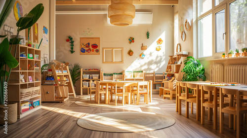 Light class in Montessori kindergarten. wooden children's table with chairs in the foreground photo