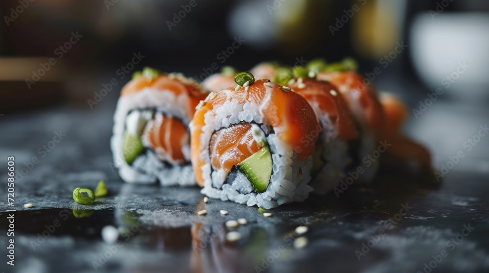 Salmon Avocado Roll against a contemporary kitchen backdrop Salmon Avocado Roll against a contemporary kitchen backdrop