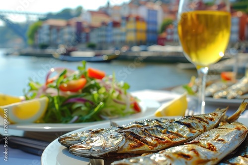 Obraz na plátně Sardinhas assadas na brasa com pimentos, salada, azeite, pão