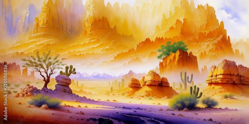 a painting of a desert scene with rocks and trees a painting of a desert scene with rocks and trees