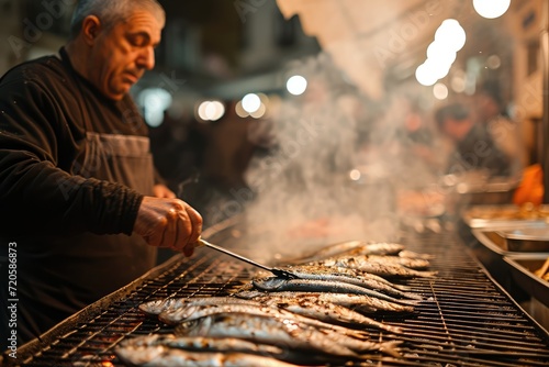 Porto's Street Feast: Dive into the Culinary Charms of Oporto Streets as a Man Grills Sardines, Offering a Popular Taste of Authentic Portuguese Seafood Delight. photo