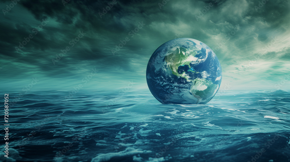 Planet Earth is submerged in the ocean, symbolizing melting ice caps due to global warming Planet Earth is submerged in the ocean, symbolizing melting ice caps due to global warming