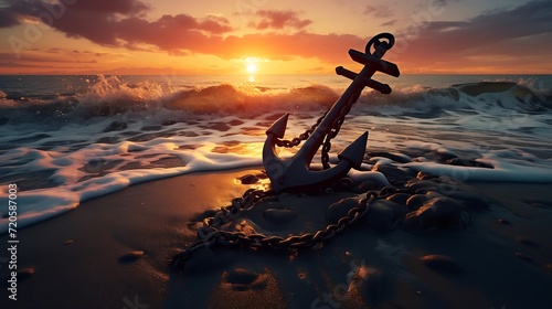Anchor and rope on the beach at sunset