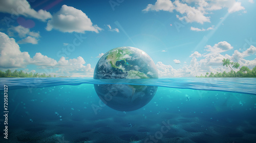 Planet Earth is submerged in the ocean, symbolizing melting ice caps due to global warming © sandsun