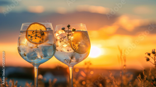 Two glasses filled with gin tonic in front of an outdoors sunset setting in summer
