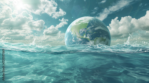Planet Earth is submerged in the ocean  symbolizing melting ice caps due to global warming