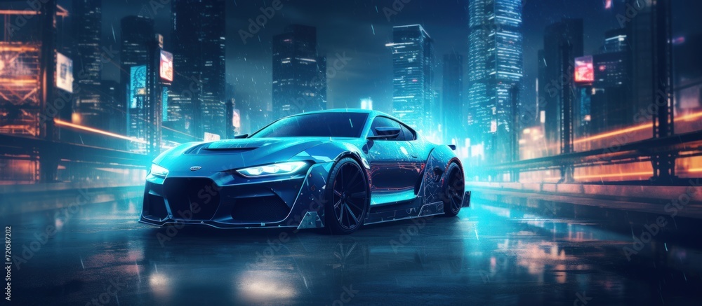 Futuristic modern high speed sport car driving in the city at night with neon light. AI generated