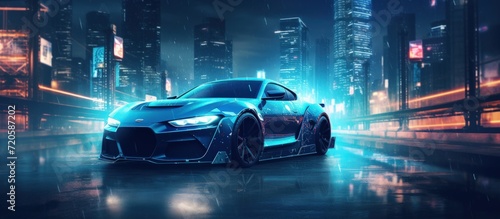 Futuristic modern high speed sport car driving in the city at night with neon light. AI generated