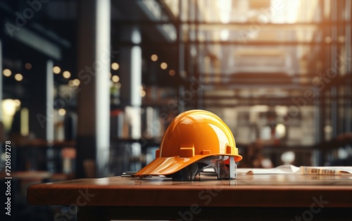 Hard Hat Placed on Wooden Surface with Blurry Construction Background