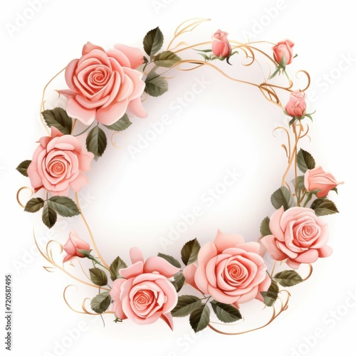 Graceful composition with pink roses and green leaves forming a circle
