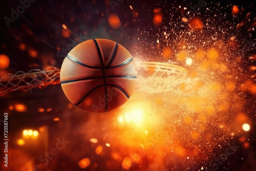 Fiery Basketball Slam Dunk in Action on a Dynamic Background © KirKam
