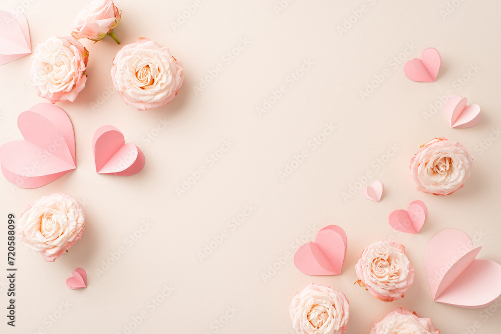 Cherish your radiant sweetheart with this Valentine's composition! Top view capturing vibrant rose buds and affectionate emblems against a delicate beige background. Ample space for your words or ads - obrazy, fototapety, plakaty 