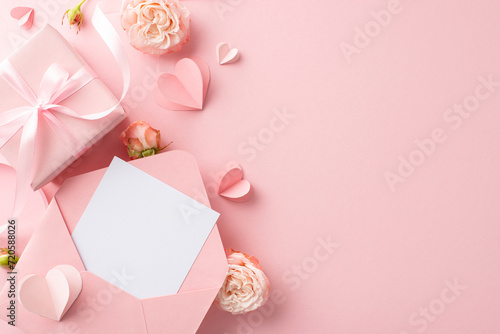 Glamorous Greetings: Elevate your Women's Day wishes for fashion-forward partner. Top view of envelope, beautifully wrapped gift box, lovely rosebuds, artfully arranged hearts on pastel pink canvas