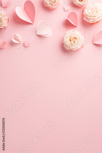 Elevate Women's Day for your glamorous partner! A captivating vertical top view of roses and sweet hearts on a pastel pink surface. Ample space for your affectionate message or promotion