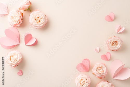 Cherish your radiant sweetheart with this Valentine's composition! Top view capturing vibrant rose buds and affectionate emblems against a delicate beige background. Ample space for your words or ads photo