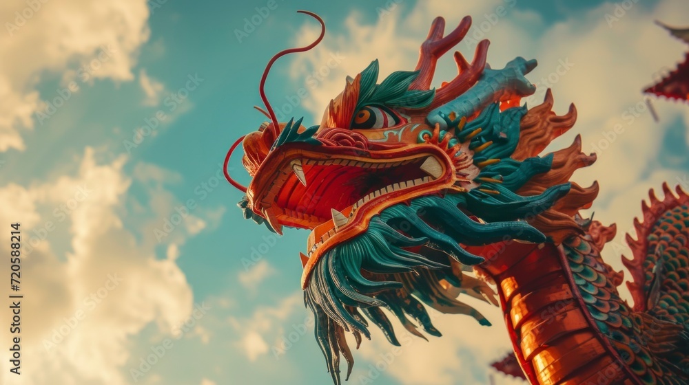 chinese red dragon for chinese new year festival with sky with clouds background chinese red dragon for chinese new year festival with sky with clouds background