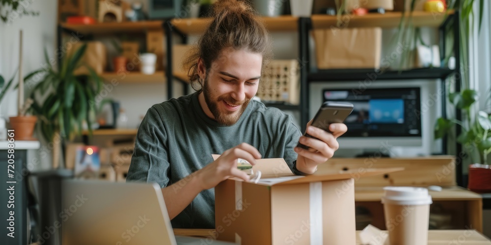 Joyful expression of a young entrepreneur packing a sold item
