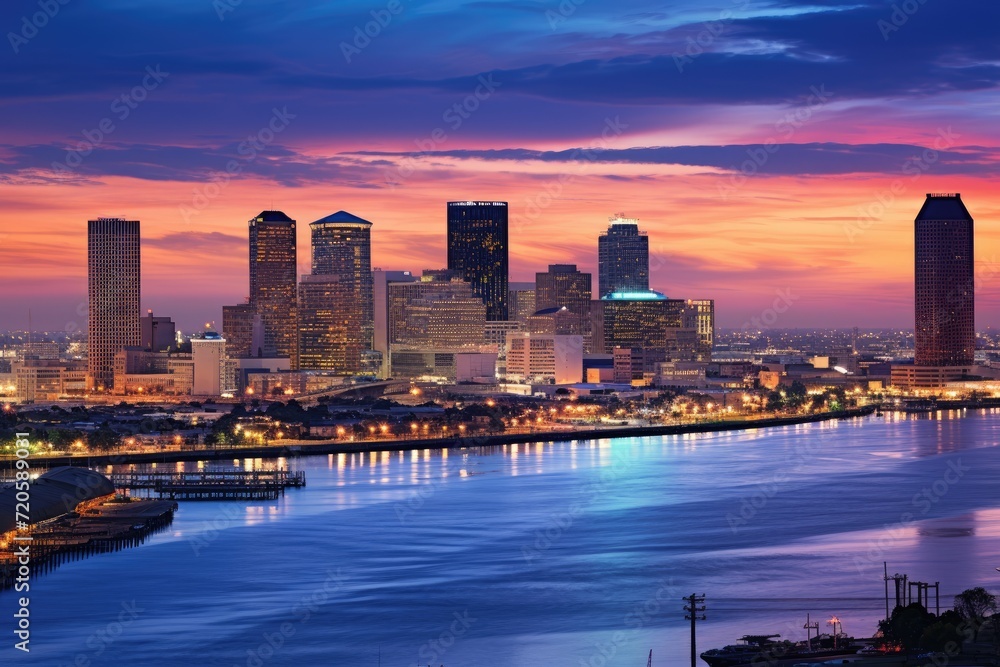 Obraz premium Skyline of Yokohama city at dusk, Japan. Yokohama is the capital city of Japan, Skyline of New Orleans with the Mississippi River at Dusk, AI Generated