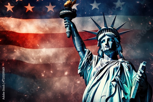 Statue of Liberty and USA flag on the background. 3D illustration, Statue of Liberty with fireworks against the backdrop of the American flag, AI Generated
