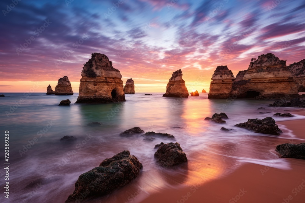 Sunset at Lagos, Algarve region, Portugal, Sunset at the beach in Lagos, Portugal, captured through a long exposure, AI Generated