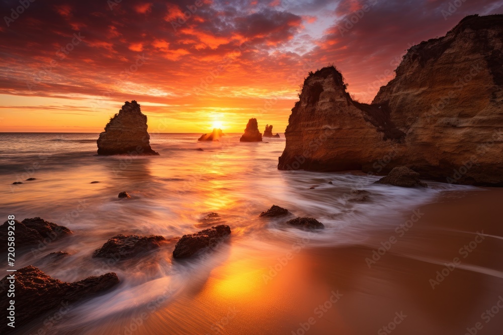 Sunset over the Twelve Apostles, Great Ocean Road, Victoria, Australia, Sunset at the beach in Lagos, Portugal, captured through a long exposure, AI Generated