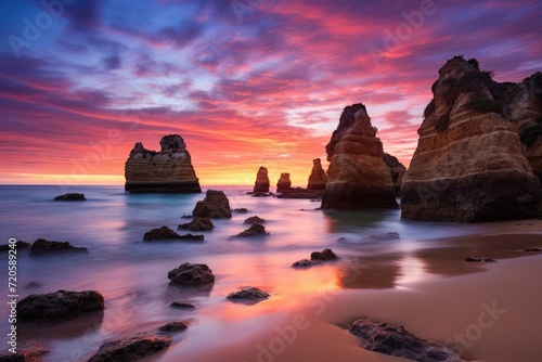 Sunset at the Algarve coast in Portugal. Long exposure, Sunset at the beach in Lagos, Portugal, captured through a long exposure, AI Generated © Ifti Digital