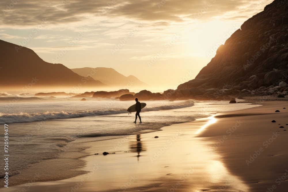 Surfer walking on the beach at sunset, Cape Town, South Africa, Surfer at Llandudno beach in Cape Town, South Africa, AI Generated