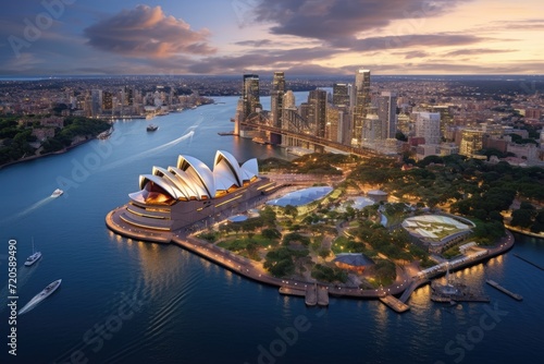 Panoramic aerial view of the Sydney Opera House, Sydney, Australia, Landscape aerial view of the Sydney Opera House near Sydney business center around the harbor, AI Generated photo