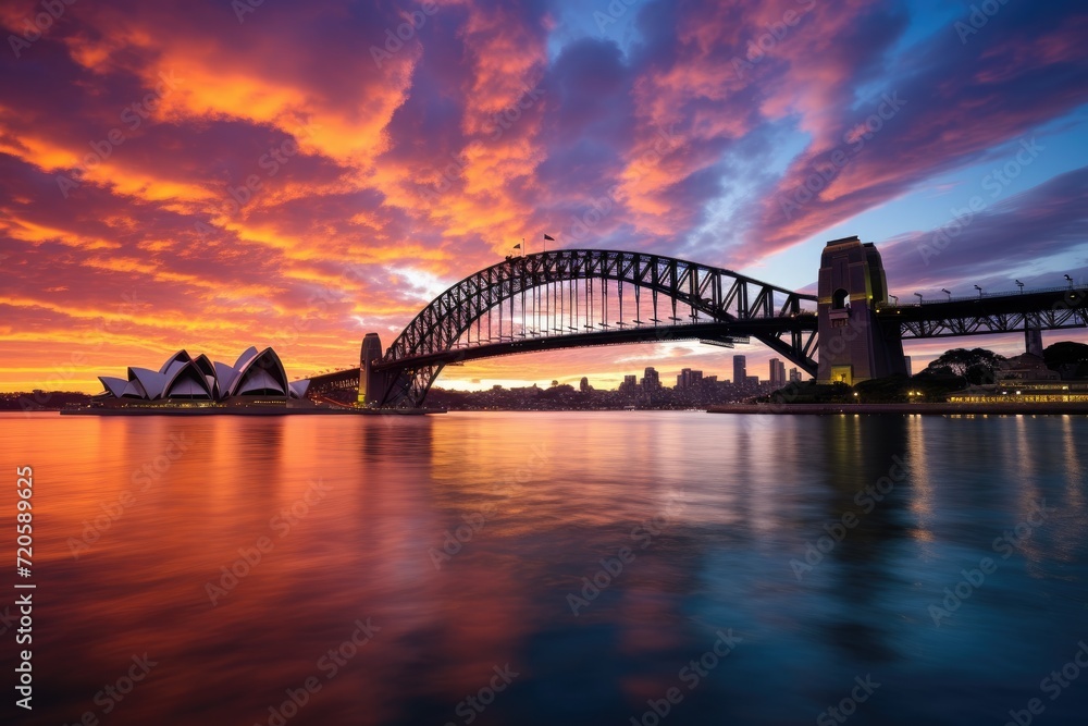 Sydney Harbour Bridge at sunset with beautiful sky, Australia, Sydney Harbour Bridge at sunset, AI Generated