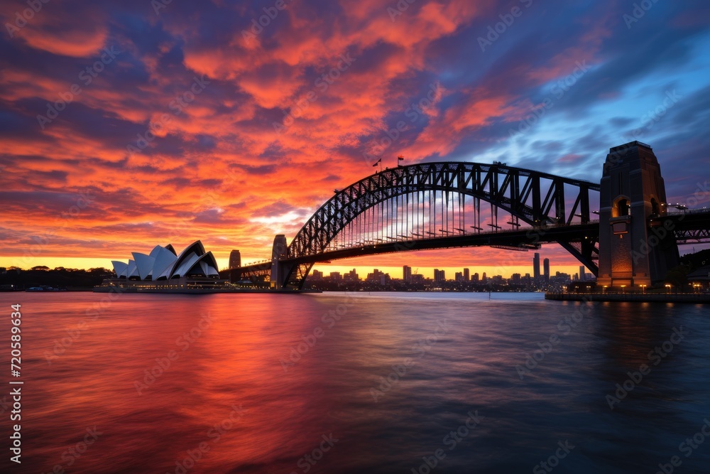 Fototapeta premium Sydney Harbour Bridge and city skyline at sunset, Australia, Sydney Harbour Bridge at sunset, AI Generated