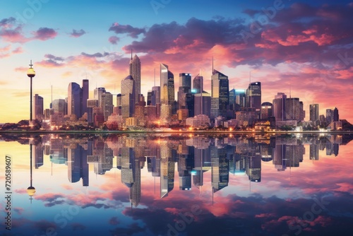 Chicago skyline at sunset with reflection in lake Michigan, Illinois, USA, Sydney City panoramic view, Australia, July, Skyscrapers reflected in the water, AI Generated