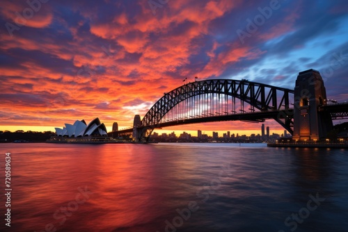 Sydney Harbour Bridge and city skyline at sunset, Australia, Sydney Harbour Bridge at sunset, AI Generated photo