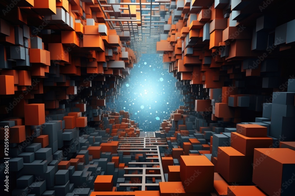 This image showcases a room brimming with numerous orange and black cubes, creating a vibrant and visually striking display, The fourth dimension wallpaper, AI Generated This image showcases a room brimming with numerous orange and black cubes, creating a vibrant and visually striking display, The fourth dimension wallpaper, AI Generated